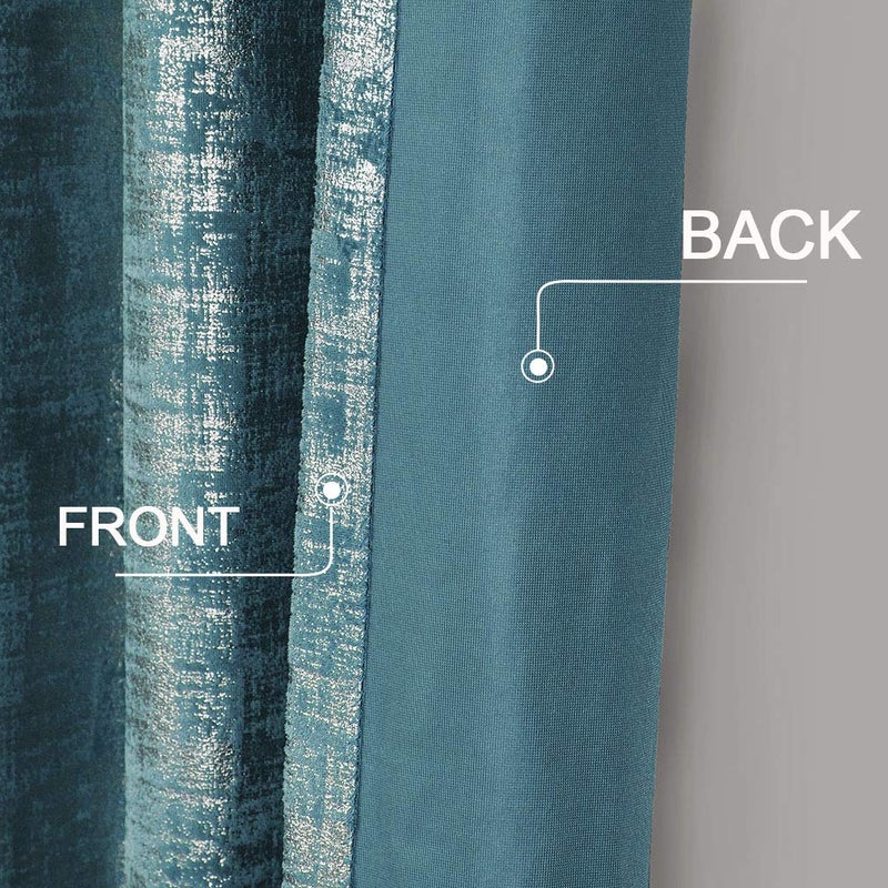 always4u Soft Velvet Curtains 108 Inch Length Long Luxury Bedroom Curtains Silver Foil Print Window Treatments for Living Room Set of 2 Teal - Image 3